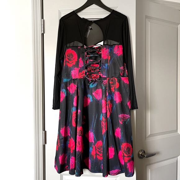 Torrid Scuba Flare Dress - Corset Back Sheer Illusion Neck Long Sleeve Floral 2X - Picture 6 of 12